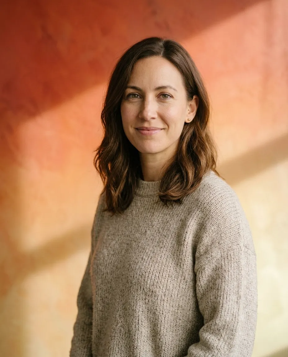 Nell Hartwell, a woman with shoulder-length wavy brown hair in an oatmeal knit sweater, smiling at the camera
